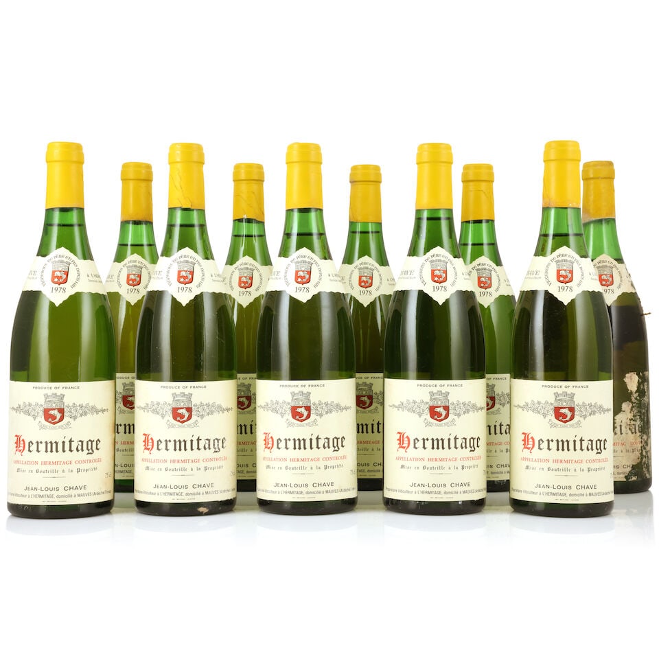 Domaine Jean-Louis Chave, Hermitage Blanc, 1978 (10 x 750ml): Domaine Jean-Louis Chave, Hermitage Blanc, 1978 (10 x 750ml) Region: Rhône Valley Fill Level: 1 x 3.5cm Capsule: creased & corroded, 9 lightly, 1 badly with signs of seepage Label: bin-soiled & d