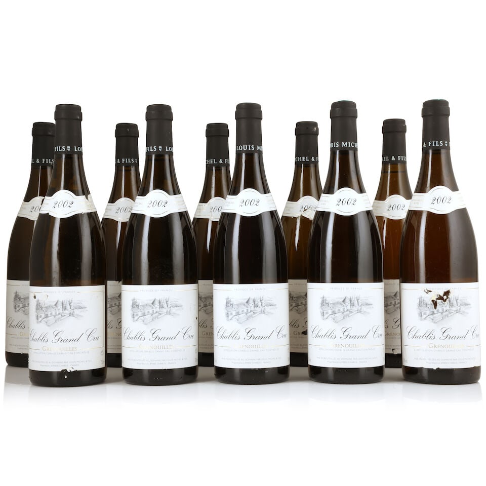 Louis Michel & Fils, Chablis Grenouilles, 2002 (10 x 750ml): Louis Michel & Fils, Chablis Grenouilles, 2002 (10 x 750ml) Region: Chablis Label: bin-soiled scuffed & peeling; torn & creased vintage labels For further information on this lot please visit Bonhams.