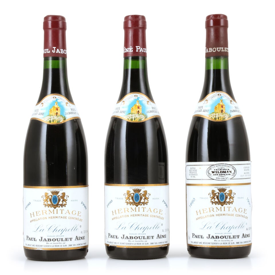 Domaine Paul Jaboulet Aîné, Hermitage La Chapelle, 1990 (3 x 750ml): Domaine Paul Jaboulet Aîné, Hermitage La Chapelle, 1990 (3 x 750ml) Region: Rhône Valley Capsule: 2 with congé Label: bin-soiled, damp-affected & peeling Miscellaneous: 1 with inte
