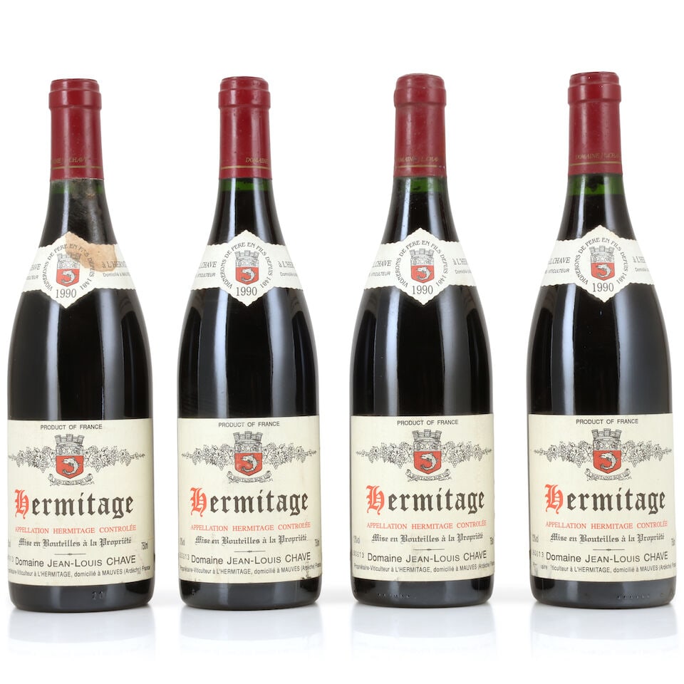 Domaine Jean-Louis Chave, Hermitage, 1990 (4 x 750ml): Domaine Jean-Louis Chave, Hermitage, 1990 (4 x 750ml) Region: Rhône Valley Capsule: 3 with signs of old seepage Label: lightly bin-soiled, damp-affected & nicked; 2 stained vintage labels For fur