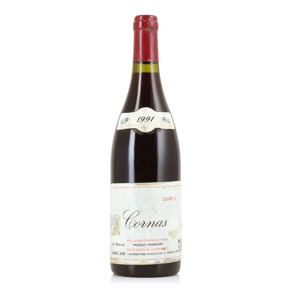 Marcel Juge, Cornas Cuvée C, 1991 (1 x 750ml): Marcel Juge, Cornas Cuvée C, 1991 (1 x 750ml) Region: Rhône Valley Capsule: slightly worn Label: bin-soiled, badly damp-stained, nicked, creased & misaligned; vintage label stained, creased 
