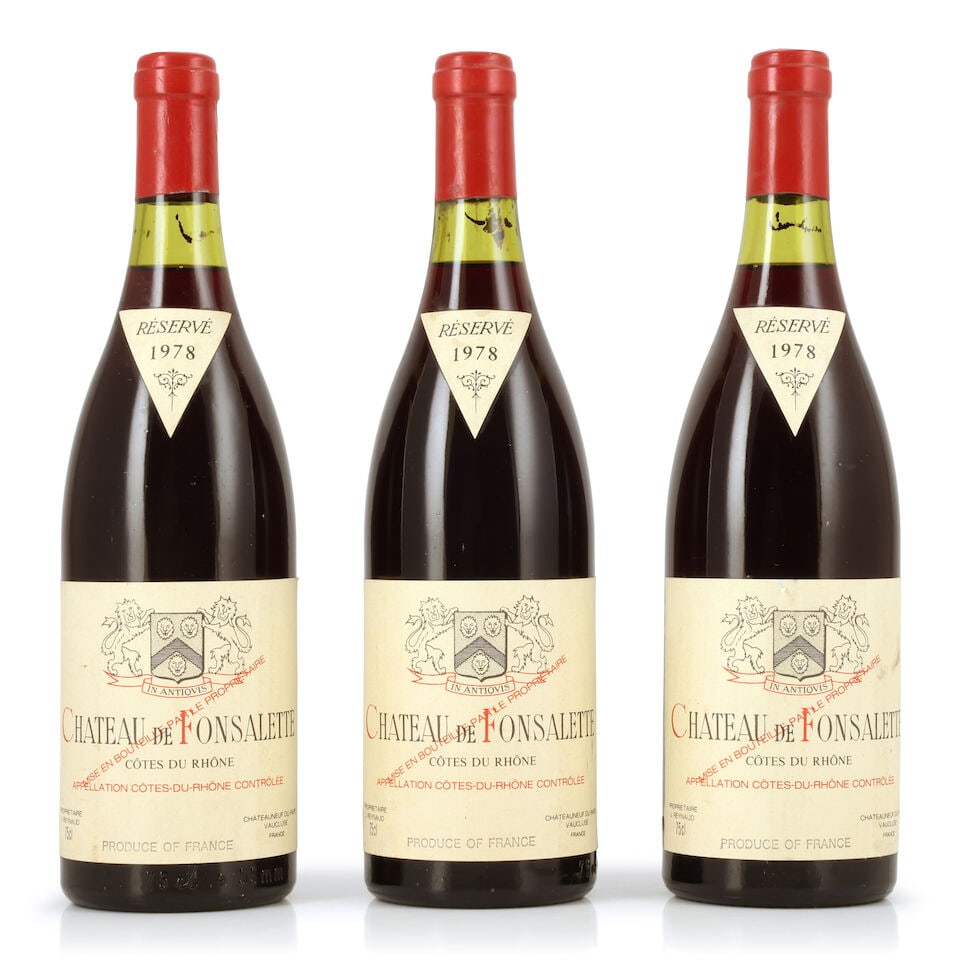 Château Rayas, Château de Fonsalette, Côtes du Rhône, 1978 (3 x 750ml): Château Rayas, Château de Fonsalette, Côtes du Rhône, 1978 (3 x 750ml) Region: Rhône Valley Capsule: slightly worn Label: bin-soiled, 1 lightly, 1 nicked For further informati