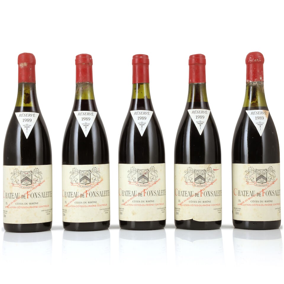 Château Rayas, Château de Fonsalette, Côtes du Rhône, 1989 (5 x 750ml): Château Rayas, Château de Fonsalette, Côtes du Rhône, 1989 (5 x 750ml) Region: Rhône Valley Fill Level: 1 x 3cm, 2 x 4cm Capsule: corroded, 2 badly, 3 with signs of old seepag