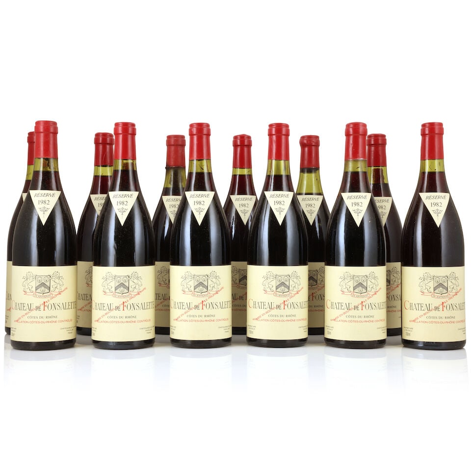 Château Rayas, Château de Fonsalette, Côtes du Rhône, 1982 (12 x 750ml): Château Rayas, Château de Fonsalette, Côtes du Rhône, 1982 (12 x 750ml) Region: Rhône Valley Fill Level: 1 x 3cm, 1 x 3.5cm Capsule: corroded, 9 lightly, 2 badly, 3 with signs