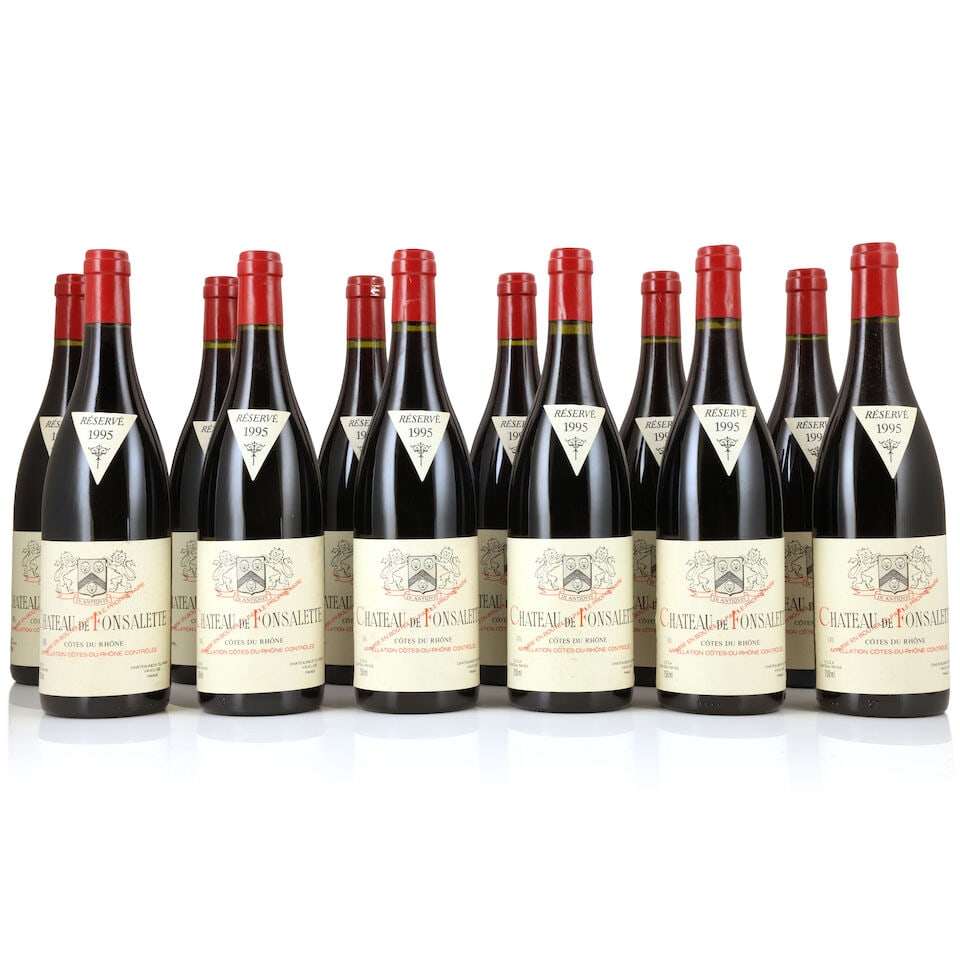 Château Rayas, Château de Fonsalette, Côtes du Rhône, 1995 (12 x 750ml): Château Rayas, Château de Fonsalette, Côtes du Rhône, 1995 (12 x 750ml) Region: Rhône Valley Capsule: 1 scuffed Label: lightly damp-affected - 2 lightly stained, 3 creased & 2