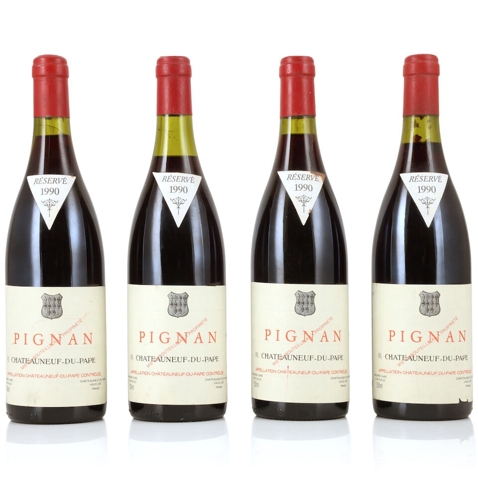 Château Rayas Pignan, Châteauneuf-du-Pape, 1990 (4 x 750ml): Château Rayas Pignan, Châteauneuf-du-Pape, 1990 (4 x 750ml) Region: Rhône Valley Fill Level: 1 x 3.5cm Capsule: slightly worn, 3 with signs of old seepage Label: damp-affected & lightly