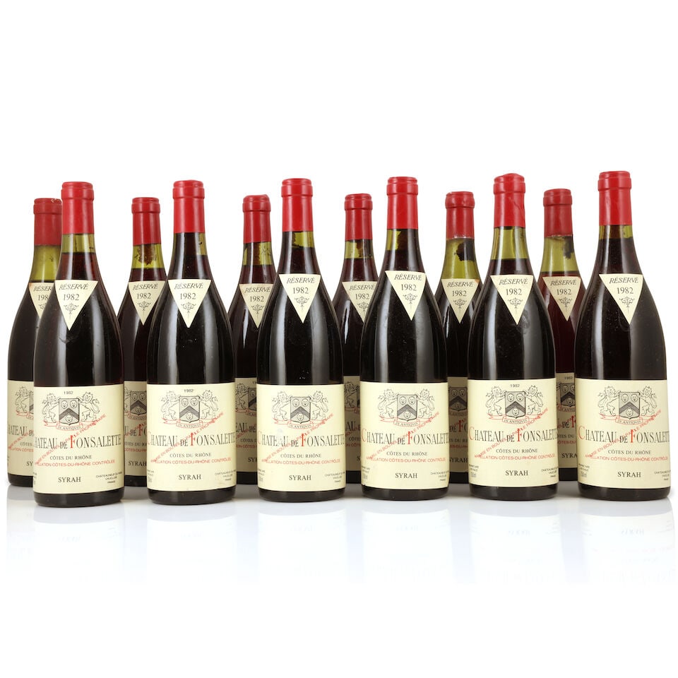 Château Rayas, Château de Fonsalette, Côtes du Rhône Syrah, 1982 (12 x 750ml): Château Rayas, Château de Fonsalette, Côtes du Rhône Syrah, 1982 (12 x 750ml) Region: Rhône Valley Fill Level: 2 x 3cm, 1 x 3.5cm, 1 x 4cm, 1 x 4.5cm Capsule: corroded, 7 ligh