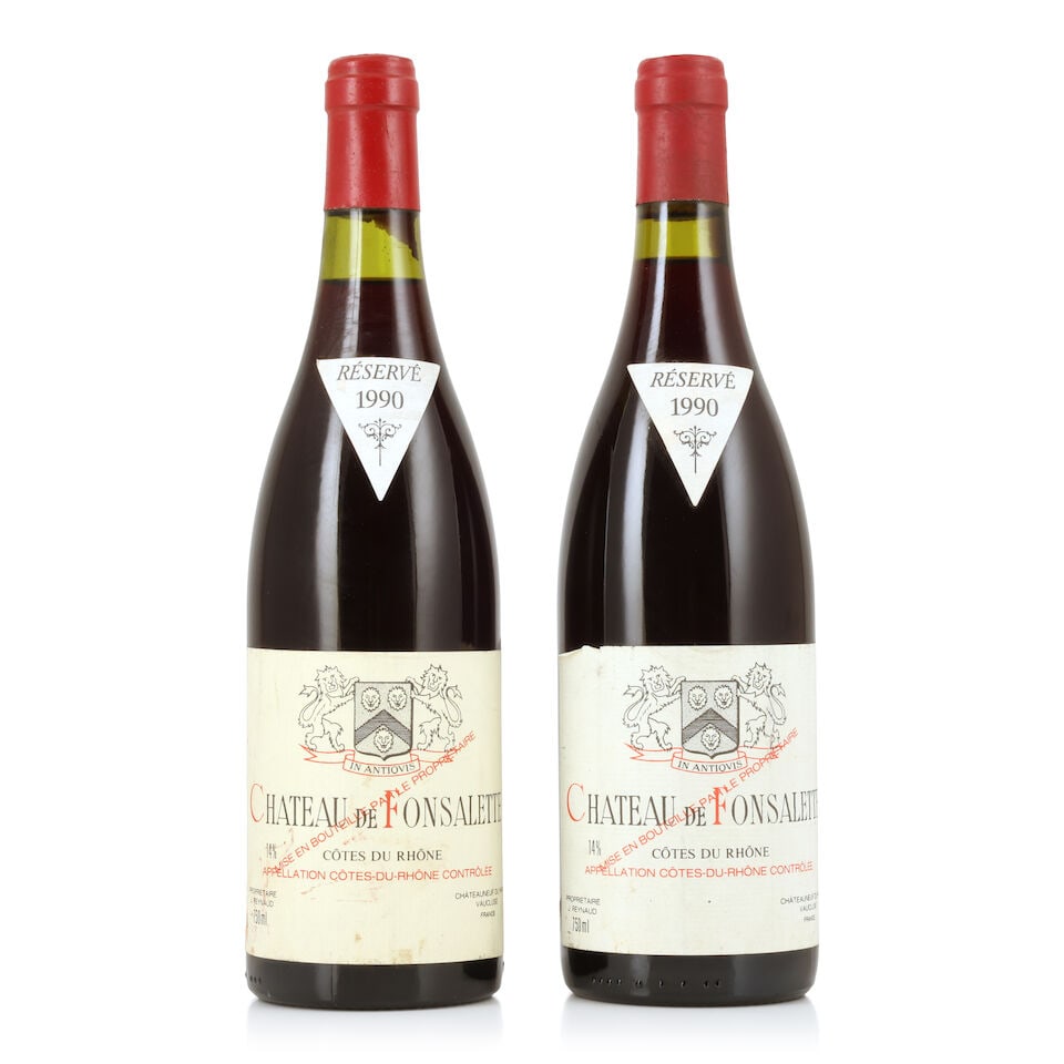 Château Rayas, Château de Fonsalette, Côtes du Rhône, 1990 (2 x 750ml): Château Rayas, Château de Fonsalette, Côtes du Rhône, 1990 (2 x 750ml) Region: Rhône Valley Capsule: slightly worn Label: bin-soiled, damp-affected, marked & nicked - 1 peelin