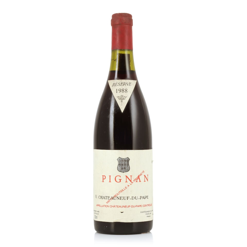 Château Rayas Pignan, Châteauneuf-du-Pape, 1988 (1 x 750ml): Château Rayas Pignan, Châteauneuf-du-Pape, 1988 (1 x 750ml) Region: Rhône Valley Fill Level: 3cm Capsule: badly corroded with signs of old seepage Label: bin-soiled, damp-stained, nicke