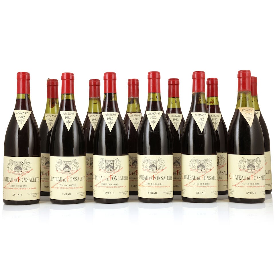 Château Rayas, Château de Fonsalette, Côtes du Rhône Syrah, 1982 (11 x 750ml...: Château Rayas, Château de Fonsalette, Côtes du Rhône Syrah, 1982 (11 x 750ml) Region: Rhône Valley Fill Level: 4 x 3.5cm, 1 x 5.5cm Capsule: corroded, 9 lightly, 1 badly, 4 wi