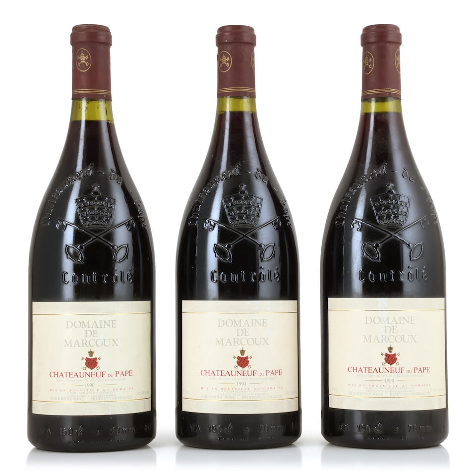 Domaine de Marcoux, Châteauneuf-du-Pape, 1990 (3 x 1500ml): Domaine de Marcoux, Châteauneuf-du-Pape, 1990 (3 x 1500ml) Region: Rhône Valley Capsule: lightly worn capsules Label: lightly bin-soiled & damp-affected labels Packaging: original wooden cas