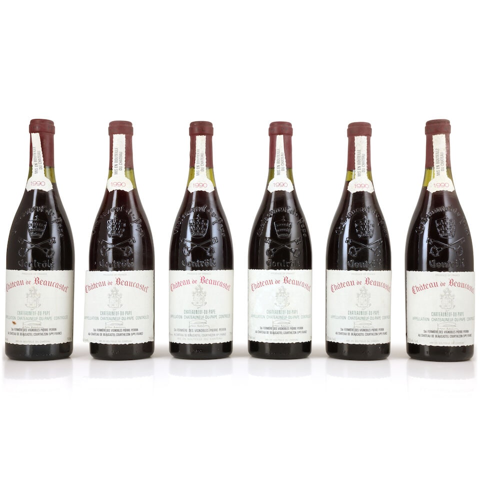 Château de Beaucastel, Châteauneuf-du-Pape, 1990 (6 x 750ml): Château de Beaucastel, Châteauneuf-du-Pape, 1990 (6 x 750ml) Region: Rhône Valley Capsule: corroded Label: bin-soiled, 4 nicked, 1 stained, 1 creased & part-detached; 3 part-detached vi