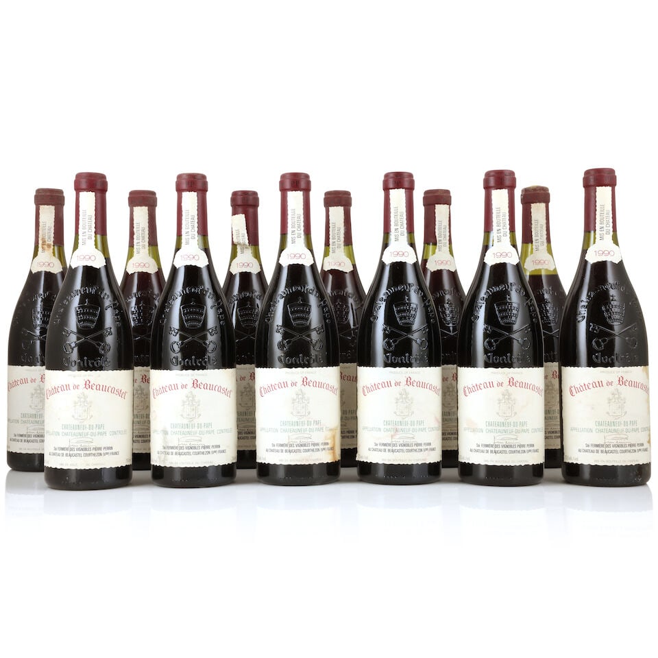 Château de Beaucastel, Châteauneuf-du-Pape, 1990 (12 x 750ml): Château de Beaucastel, Châteauneuf-du-Pape, 1990 (12 x 750ml) Region: Rhône Valley Fill Level: 1 x 3cm Capsule: corroded, 3 lightly, 4 badly Label: badly damp-stained & peeling, 5 part 