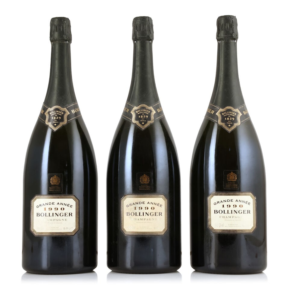 Bollinger, La Grande Année, 1990 (3 x 1500ml): Bollinger, La Grande Année, 1990 (3 x 1500ml) Region: Champagne Label: badly damp-affected & part-detached Packaging: individual wooden presentation cases in original carton (damp-affected) For f