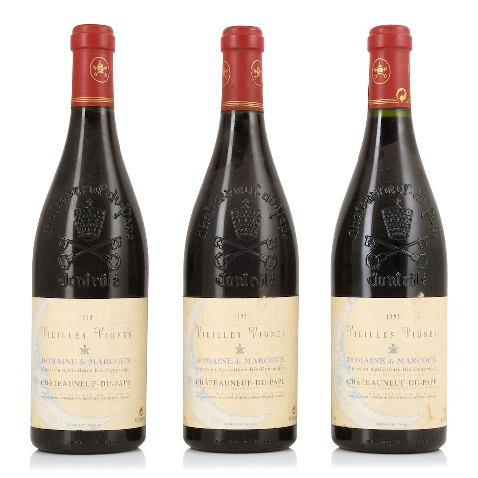 Domaine de Marcoux, Châteauneuf-du-Pape Vieilles Vignes, 1995 (3 x 750ml): Domaine de Marcoux, Châteauneuf-du-Pape Vieilles Vignes, 1995 (3 x 750ml) Region: Rhône Valley Capsule: slightly worn Label: bin-soiled & nicked For further information on this lot please vi