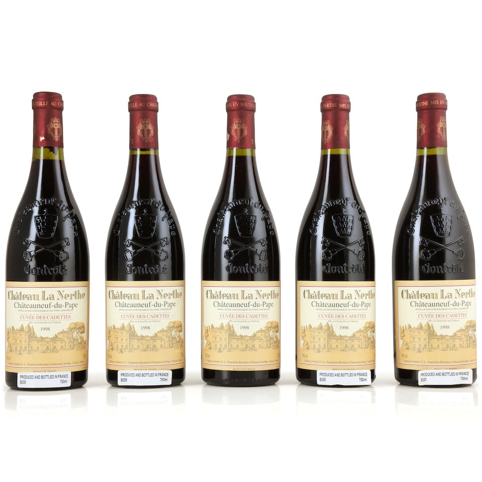Château La Nerthe, Châteauneuf-du-Pape Cuvée des Cadettes, 1998 (5 x 750ml): Château La Nerthe, Châteauneuf-du-Pape Cuvée des Cadettes, 1998 (5 x 750ml) Region: Rhône Valley Label: 1 scuffed, 2 nicked For further information on this lot please visit Bonhams