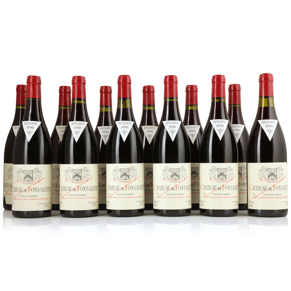 Château Rayas, Château de Fonsalette, Côtes du Rhône, 1990 (12 x 750ml): Château Rayas, Château de Fonsalette, Côtes du Rhône, 1990 (12 x 750ml) Region: Rhône Valley Label: lightly bin-soiled - 4 stained, 3 nicked, 2 torn & creased For further info