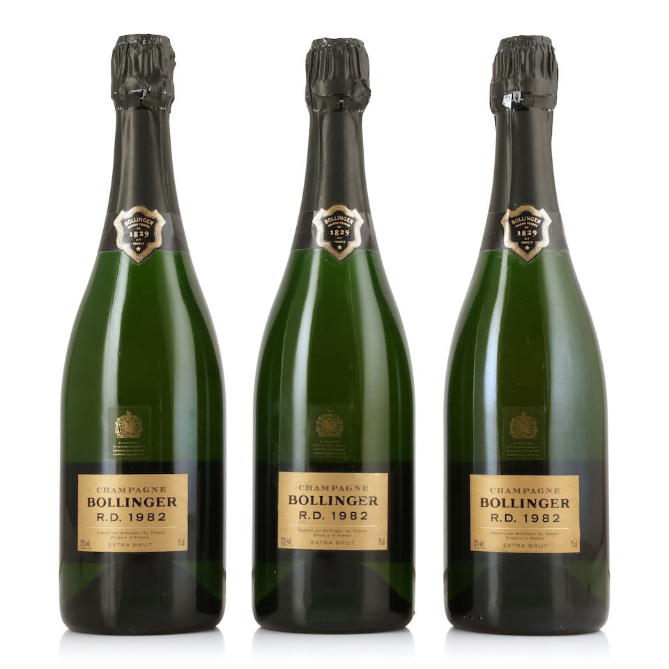 Bollinger, R.D., 1982 (3 x 750ml): Bollinger, R.D., 1982 (3 x 750ml) Region: Champagne Packaging: individual wooden presentation cases in original carton (damp-affected) Notes: disgorged 5 November 1998 For further information on this 