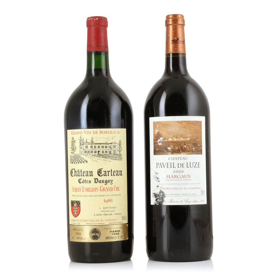 Château Carteau, Côtes Daugay, 1986 (1 x 1500ml) Château Paveil de Luze, 2000 (1 ...: Château Carteau, Côtes Daugay, 1986 (1 x 1500ml) Region: Saint Emilion Capsule: corroded capsule Label: lightly bin-soiled label Château Paveil de Luze, 2000 (1 x 1500ml) Region: Margau