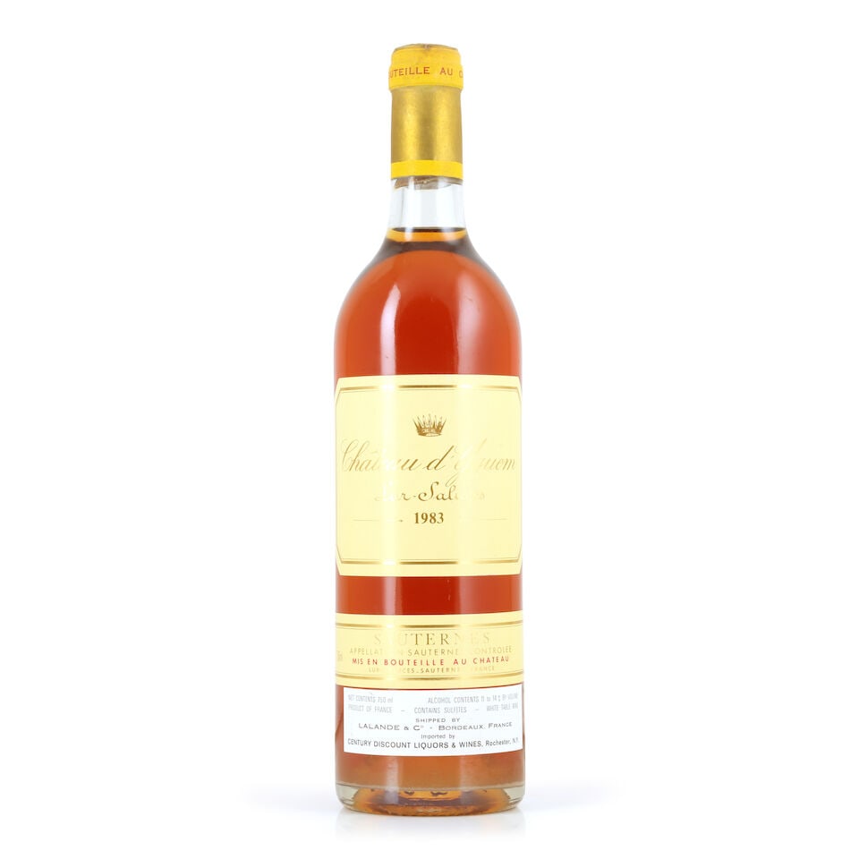 Château d'Yquem, 1983 (1 x 750ml): Château d'Yquem, 1983 (1 x 750ml) Region: Sauternes Fill Level: into neck Capsule: lightly corroded Miscellaneous: US import slip label For further information on this lot please visit Bonhams.co