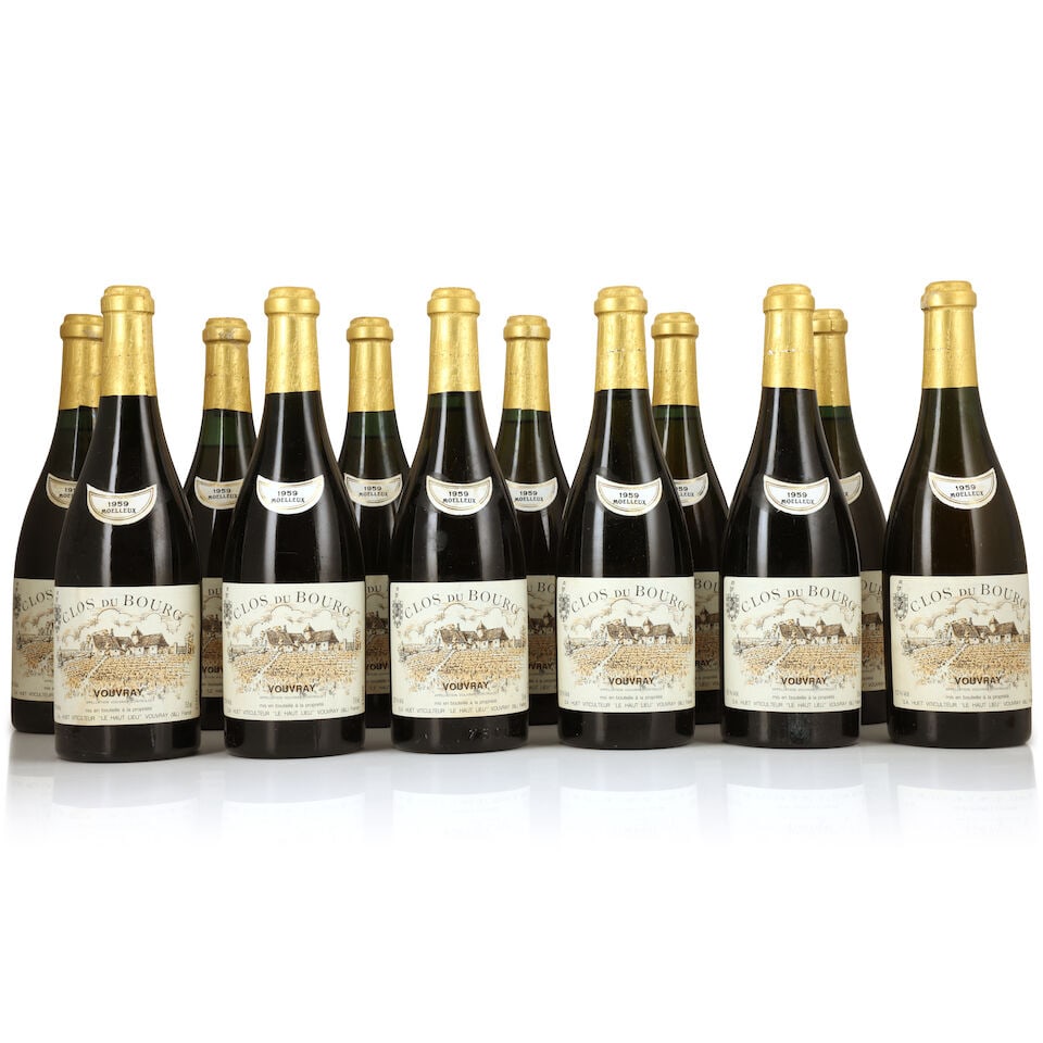 Huet, Vouvray Clos du Bourg Moelleux, 1959 (12 x 750ml): Huet, Vouvray Clos du Bourg Moelleux, 1959 (12 x 750ml) Region: Loire Capsule: worn & slightly corroded Label: lightly bin-soiled & damp-affected Packaging: original carton (damp-affected & worn) For 