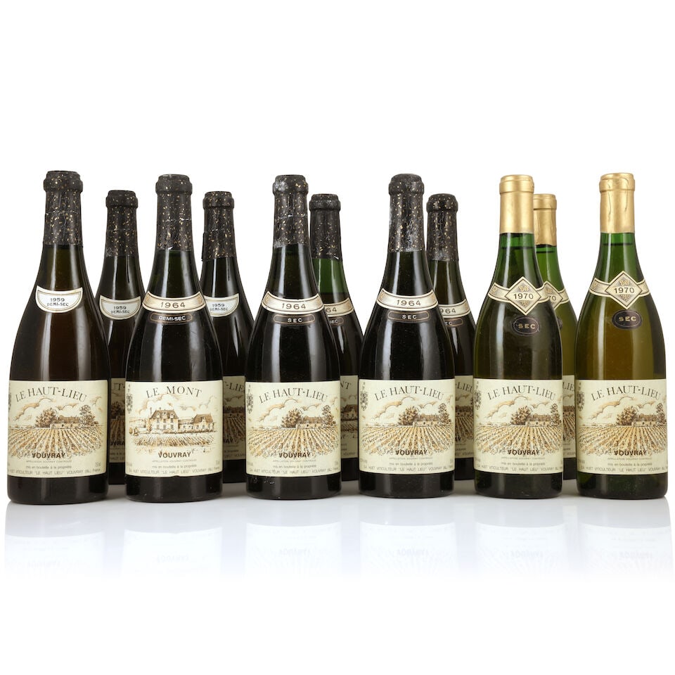 Huet, Vouvray Le Haut-Lieu Demi Sec, 1959 (3 x 750ml) Huet, Vouvray Le Haut-Lieu Sec, 1964 (3 x ...: Huet, Vouvray Le Haut-Lieu Demi Sec, 1959 (3 x 750ml) Region: Loire Capsule: worn & slightly corroded Label: lightly damp-affected Packaging: original carton (damp-affected & worn) Huet, Vouvray Le Ha