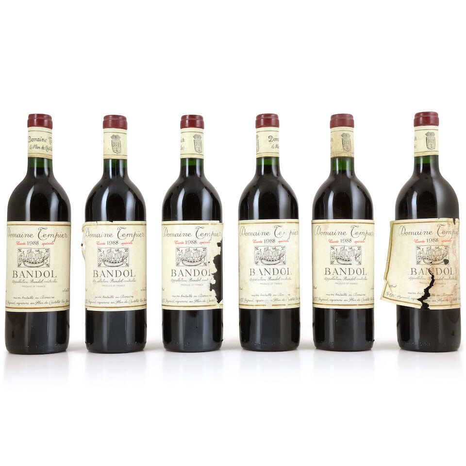 Domaine Tempier, Bandol Cuvée Spéciale, 1988 (6 x 750ml): Domaine Tempier, Bandol Cuvée Spéciale, 1988 (6 x 750ml) Region: Bandol Capsule: 3 corroded, 2 lightly Label: bin-soiled, damp-stained & nicked, 2 torn & incomplete, 1 part-detached For furt