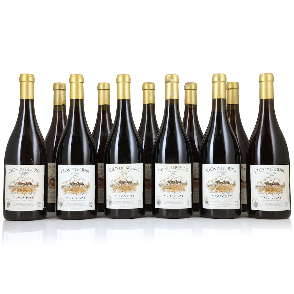 Huet, Vouvray Clos du Bourg Moelleux Première Trie, 1990 (11 x 750ml): Huet, Vouvray Clos du Bourg Moelleux Première Trie, 1990 (11 x 750ml) Region: Loire Fill Level: 1 x 3cm Capsule: worn with 3 lightly corroded Label: bin-soiled & damp-affected Packaging: original
