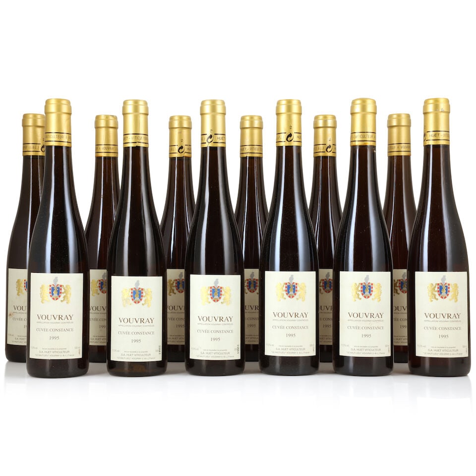 Huet, Vouvray Cuvée Constance, 1995 (12 x 500ml): Huet, Vouvray Cuvée Constance, 1995 (12 x 500ml) Region: Loire Capsule: 6 with slight signs of old seepage Label: 3 lightly damp-stained Packaging: original carton (damp-affected & worn) For furt