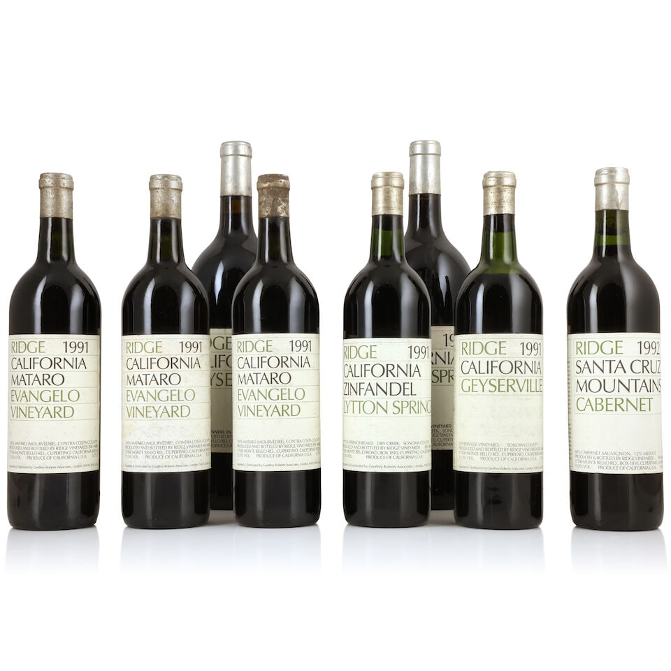 Ridge Vineyards, Geyserville, 1991 (1 x 750ml) Ridge Vineyards, Geyserville, 1994 (1 x 1500ml) R...: Ridge Vineyards, Geyserville, 1991 (1 x 750ml) Region: United States Fill Level: high mid Capsule: corroded & nicked Label: bin-soiled & damp-stained Ridge Vineyards, Geyserville, 1994 (1 x 1500ml) Re