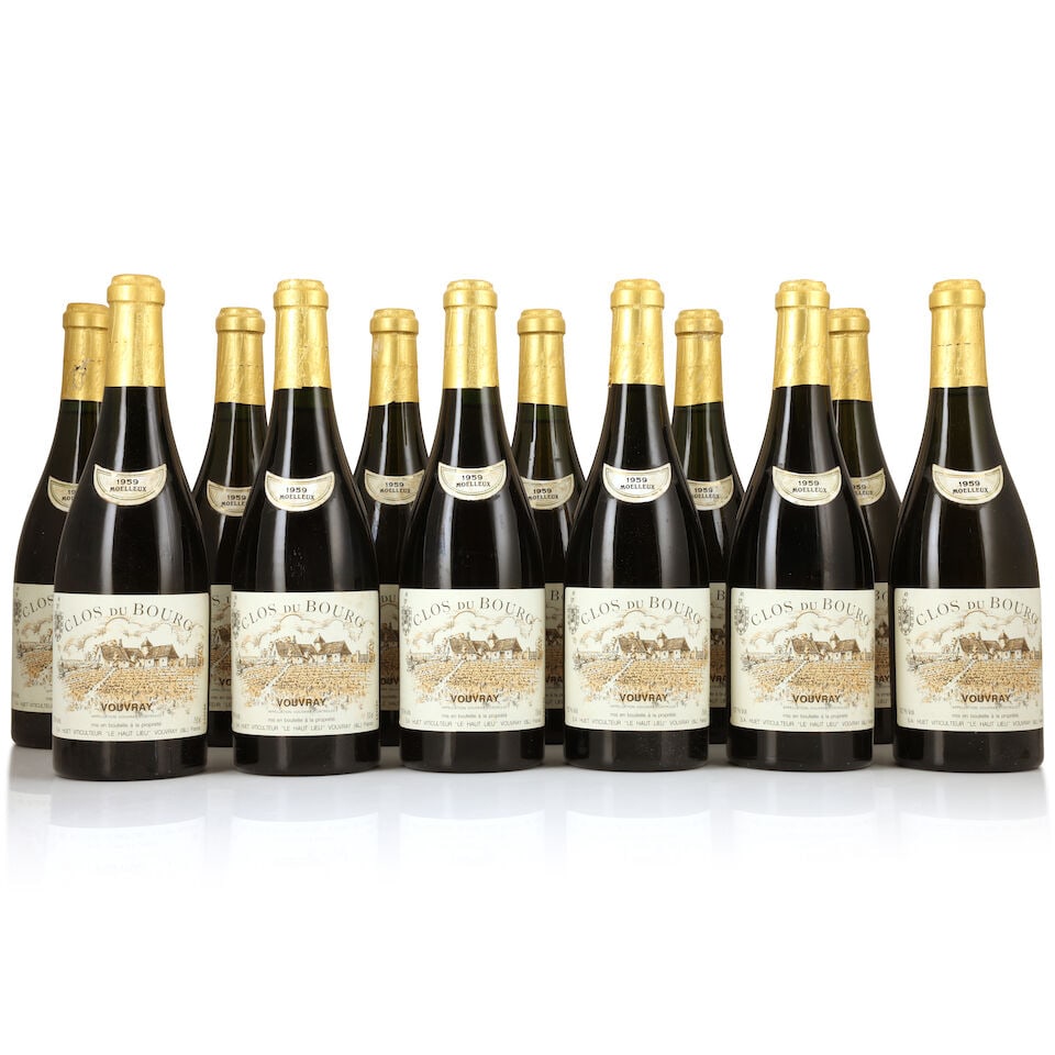 Huet, Vouvray Clos du Bourg Moelleux, 1959 (12 x 750ml): Huet, Vouvray Clos du Bourg Moelleux, 1959 (12 x 750ml) Region: Loire Capsule: nicked & worn foils Label: damp-affected, 3 peeling, 2 creased, stained vintage labels Packaging: original carton (badly 