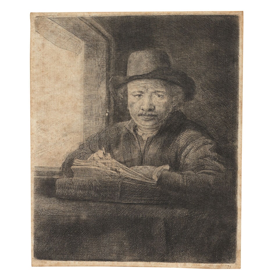 Rembrandt Harmensz van Rijn (Dutch, 1606-1669) Self-Portrait etching at a Window Etching, 1648, ... (1 of 2)