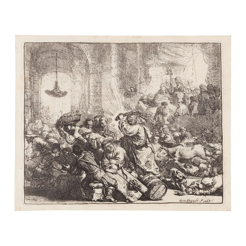 Rembrandt Harmensz van Rijn (Dutch, 1606-1669) Christ driving the Money Changers from the Temple...: Rembrandt Harmensz van Rijn (Dutch, 1606-1669) Christ driving the Money Changers from the Temple (New Hollstein 139; Bartsch 69) Etching with touches of drypoint, 1635, on laid paper, backed onto a