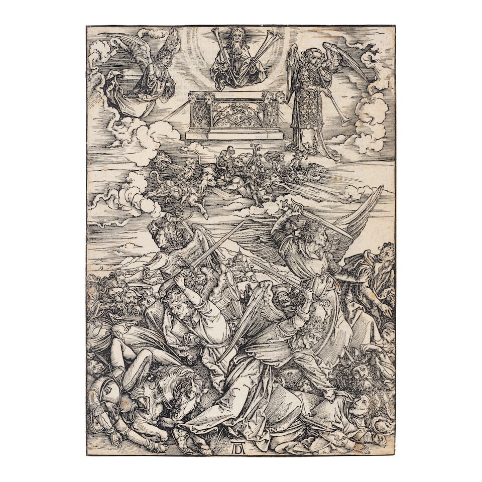 Albrecht Dürer (German, 1471-1528) The Four Avenging Angels, from The Apocalypse Woodcut, c...: Albrecht Dürer (German, 1471-1528) The Four Avenging Angels, from The Apocalypse (Bartsch 69; Hollstein 171; Schoch, Mende & Scherbaum 119) Woodcut, circa 1496, on heavy laid paper, with watermar