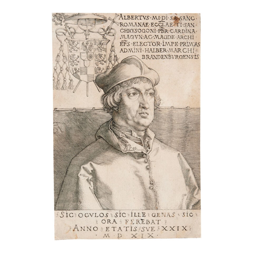 Albrecht Dürer (German, 1471-1528) Cardinal Albrecht of Brandenburg, or The Small Cardinal ...: Albrecht Dürer (German, 1471-1528) Cardinal Albrecht of Brandenburg, or The Small Cardinal (Bartsch 102; Hollstein 100; Schoch, Mende & Scherbaum 89) Engraving, 1519, on heavy laid paper, a good 