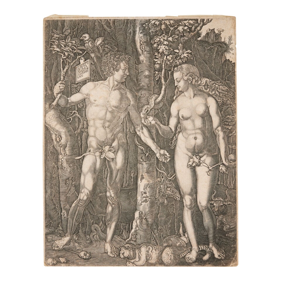 Johann Ladenspelder (German, 1512-1561) Adam and Eve (after Dürer) Engraving, circa 1550, a...: Johann Ladenspelder (German, 1512-1561) Adam and Eve (after Dürer) (Bartsch 30) Engraving, circa 1550, a later impression, on heavy laid paper, trimmed to or just inside the platemark,