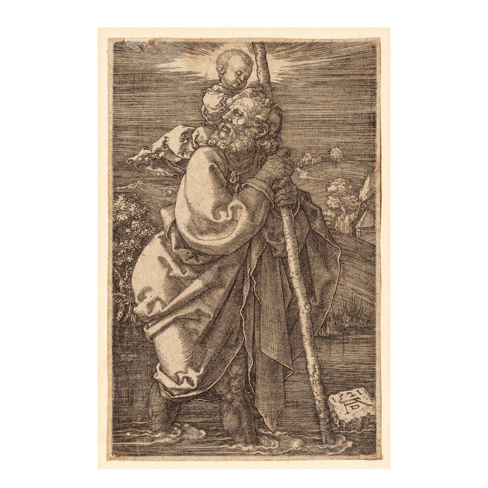 Albrecht Dürer (German, 1471-1528) St Christopher, facing to the left Engraving, 1521, on l...: Albrecht Dürer (German, 1471-1528) St Christopher, facing to the left (Bartsch 51; Hollstein 53; Schoch, Mende & Scherbaum 93b) Engraving, 1521, on laid paper, a Meder b-c impression, with thread