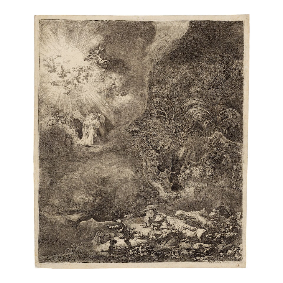 Rembrandt Harmensz van Rijn (Dutch, 1606-1669) The Angel appearing to the Shepherds Etching, eng... (1 of 1)