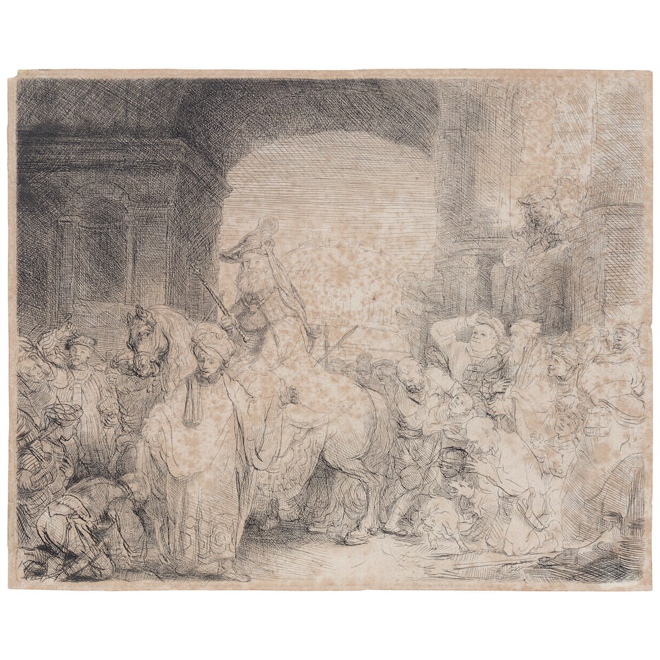 Rembrandt Harmensz van Rijn (Dutch, 1606-1669) The Triumph of Mordecai Etching and drypoint, cir...: Rembrandt Harmensz van Rijn (Dutch, 1606-1669) The Triumph of Mordecai (New Hollstein 185; Bartsch 40) Etching and drypoint, circa 1641, New Hollstein's third state (of four), on laid paper, with