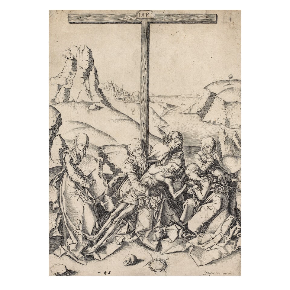 Anonymous, after Master BM The Lamentation Engraving, on laid paper, published by Maarten Peete...: Anonymous, after Master BM The Lamentation (Bartsch VI.167.3) Engraving, on laid paper, published by Maarten Peeters, Antwerp (1500-1558), trimmed along or just inside the platemark, framed Sheet 211