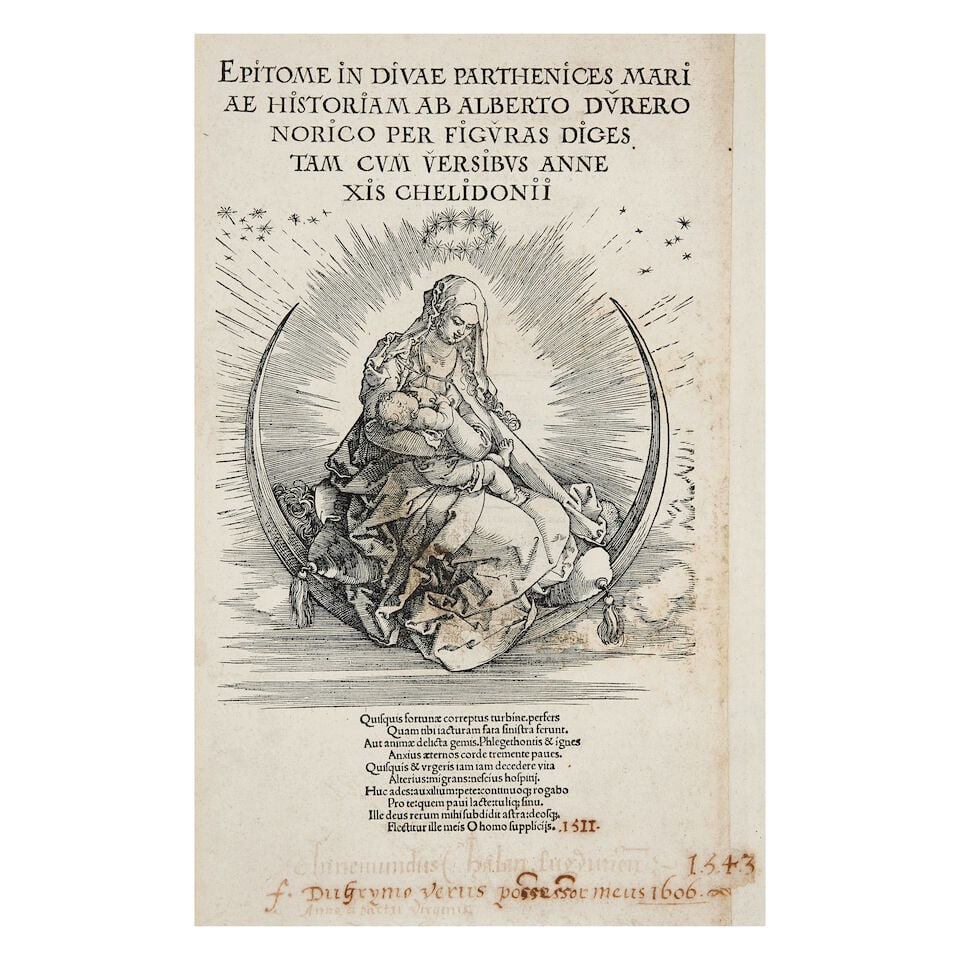 Albrecht Dürer (German, 1471-1528) The Virgin on the Crescent, title page from The Life of ...: Albrecht Dürer (German, 1471-1528) The Virgin on the Crescent, title page from The Life of the Virgin (Bartsch 76; Meder 188; Schoch, Mende & Scherbaum 166) Woodcut, circa 1511, on laid paper, fr