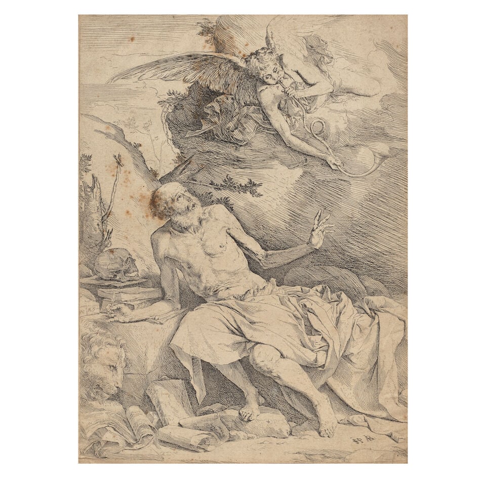 Jusepe de Ribera (Spanish, 1588-1656) St Jerome hearing the trumpet of the Last Judgement Etchi...: Jusepe de Ribera (Spanish, 1588-1656) St Jerome hearing the trumpet of the Last Judgement (Bartsch 4) Etching and engraving, circa 1621, on laid paper, with watermark Bunch of Grapes, trimmed to the