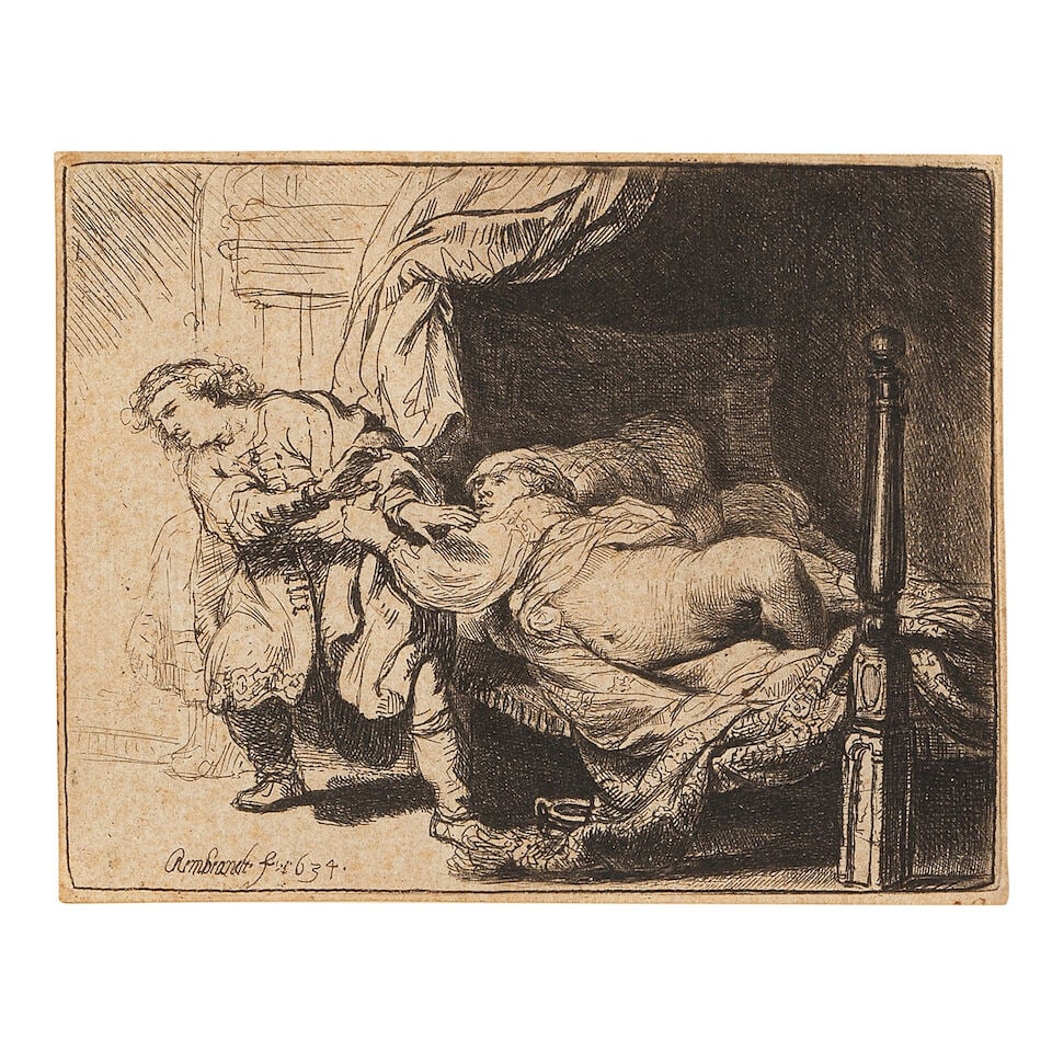 Rembrandt Harmensz van Rijn (Dutch, 1606-1669) Joseph and Potiphar's Wife Etching, 1634, on lai... (1 of 2)