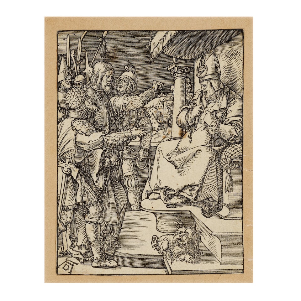 Albrecht Dürer (German, 1471-1528) Christ before Caiaphas, from The Small Passion Woodcut, ...: Albrecht Dürer (German, 1471-1528) Christ before Caiaphas, from The Small Passion (Bartsch 29; Hollstein 138; Shoch, Mende & Scherbaum 199) Woodcut, circa 1509, a very good impression, on laid pa