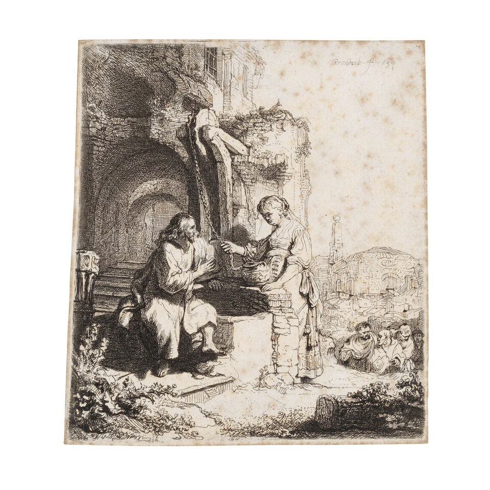 Rembrandt Harmensz van Rijn (Dutch, 1606-1669) Christ and the Woman of Samaria among Ruins Etchi...: Rembrandt Harmensz van Rijn (Dutch, 1606-1669) Christ and the Woman of Samaria among Ruins (New Hollstein 127; Bartsch 71) Etching, 1634, on laid paper, a good impression of New Hollstein's third stat