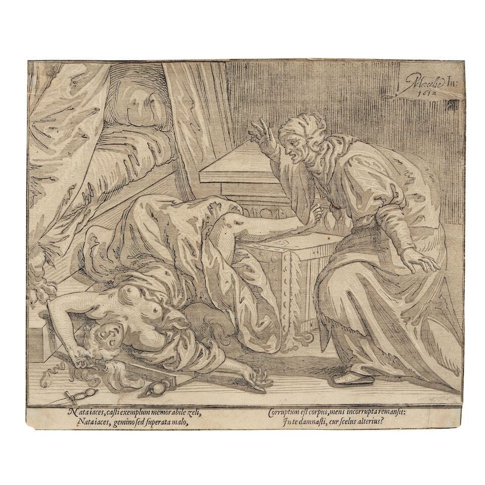 Paulus Moreelse (Dutch, 1571-1638) The Death of Lucretia Chiaroscuro woodcut, 1612, on heavy la...: Paulus Moreelse (Dutch, 1571-1638) The Death of Lucretia (Hollstein 1) Chiaroscuro woodcut, 1612, on heavy laid paper, the third (final) state, trimmed to the borderline, framed Sheet 275 x 328mm (10