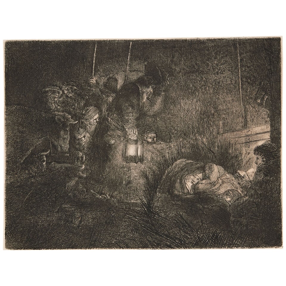 Rembrandt Harmensz van Rijn (Dutch, 1606-1669) The Adoration of the Shepherds: A night Piece Et...: Rembrandt Harmensz van Rijn (Dutch, 1606-1669) The Adoration of the Shepherds: A night Piece (New Hollstein 300; Bartsch 46) Etching, circa 1657, on laid paper, a very good impression of New Hollstein