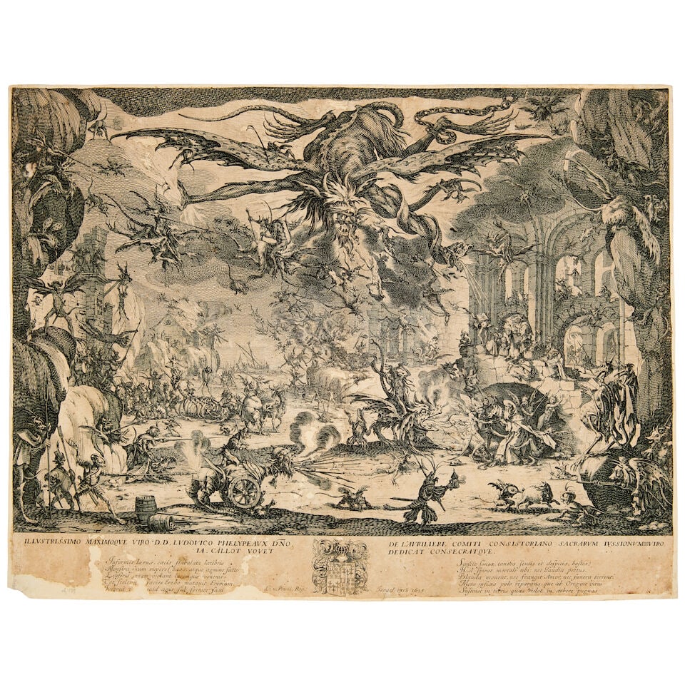Jacques Callot (French, 1592-1635) La Tentation de Saint Antoine Etching, 1635, on laid paper, t...: Jacques Callot (French, 1592-1635) La Tentation de Saint Antoine (Lieure 1416) Etching, 1635, on laid paper, the third state (of five), trimmed inside the platemark, laid down onto board, with several
