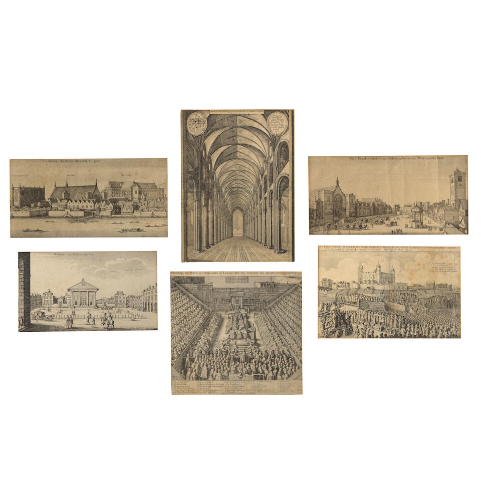 Wenceslaus Hollar (Czech, 1607-1677) London Views - six etchings New Palace Yard with Westminste...: Wenceslaus Hollar (Czech, 1607-1677) Six etchings of London Views (Pennington 551, 552, 1040, 1037, 909, 1025) The Trial of the Earl of Strafford, circa 1641, the second state with German title, The