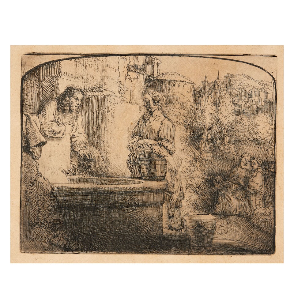 Rembrandt Harmensz van Rijn (Dutch, 1606-1669) Christ and the Woman of Samaria: Arched Print Et...: Rembrandt Harmensz van Rijn (Dutch, 1606-1669) Christ and the Woman of Samaria: Arched Print (New Hollstein 302; Bartsch 70) Etching, 1657, on heavy laid paper, a later impression of New Hollstein's